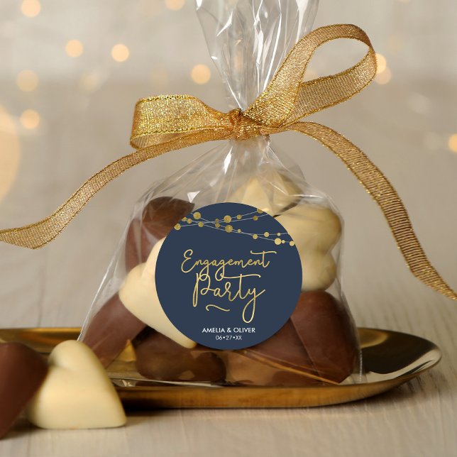 Elegant Strings of Lights Blue Engagement Party Classic Round Sticker (Creator Uploaded)