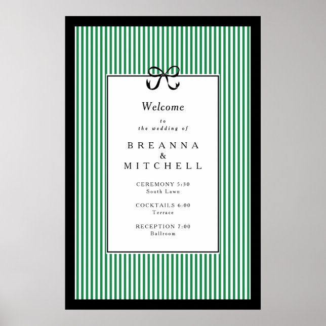 Elegant Stripe Black Border Bow Wedding Welcome Poster (Front)