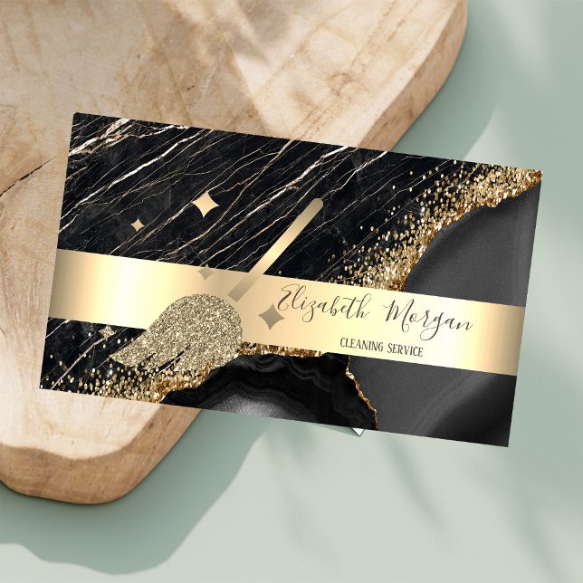 Elegant Stripe Black Marble Gold Sequins Broom Business Card (Creator Uploaded)