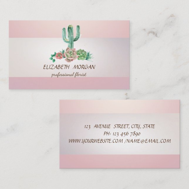Elegant Stripe Cactus Succulent  Pink Business Card (Front/Back)