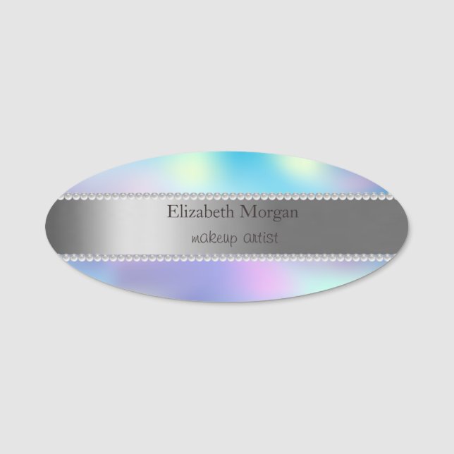 Elegant Stripe, Pearls  Holographic Ombre Name Tag (Front)