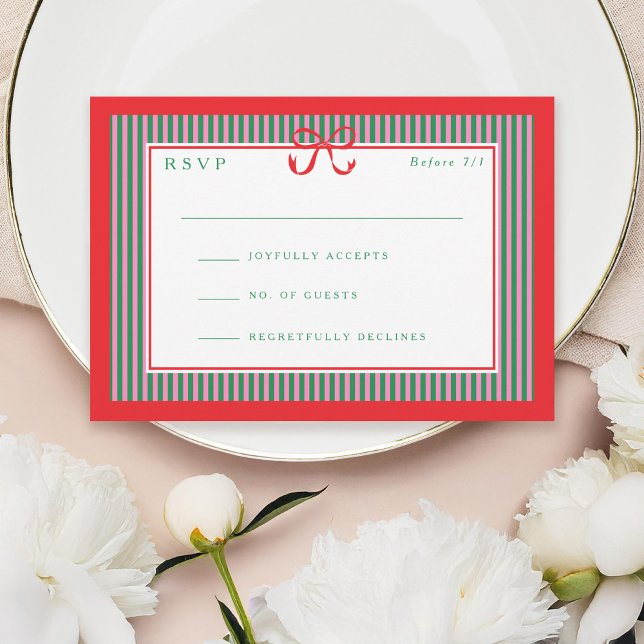 Elegant Stripe Red Border with Bow Wedding RSVP Card (Creator Uploaded)