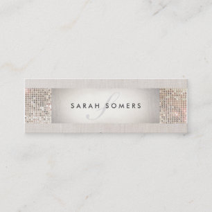 Elegant Striped Beige, FAUX Silver Sequin Monogram Mini Business Card