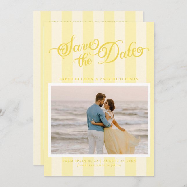 Elegant Striped Butter Yellow Script Save The Date (Front/Back)