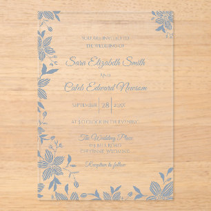 Elegant Striped Flower in Dusty Blue Acrylic Invitations