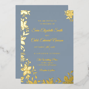 Elegant Striped Flower in Gold Foil on Dusty Blue