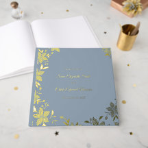 Elegant Striped Flower in Gold Foil on Dusty Blue