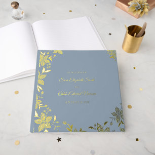 Elegant Striped Flower in Gold Foil on Dusty Blue Guest Book