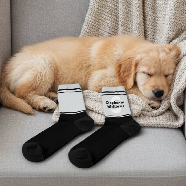 Elegant Striped Full Name and Monogram Crew Socks (Black and gray crew socks with custom name and monogram.)