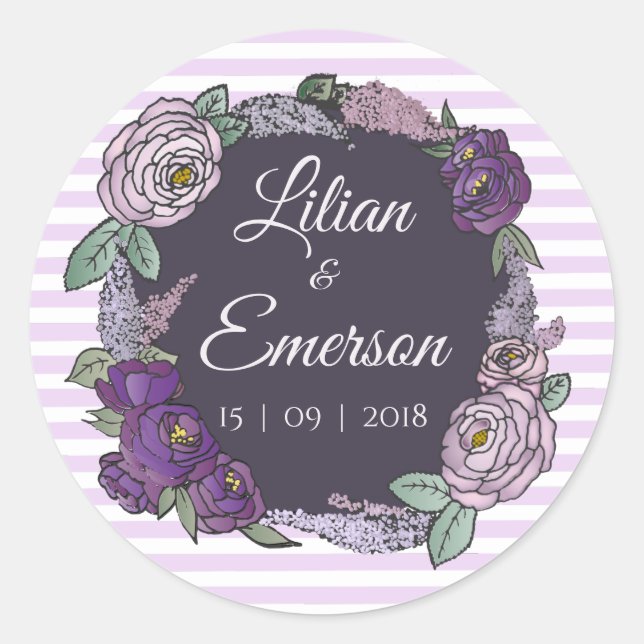 Elegant Striped Lilac & Lavender Floral Sticker (Front)