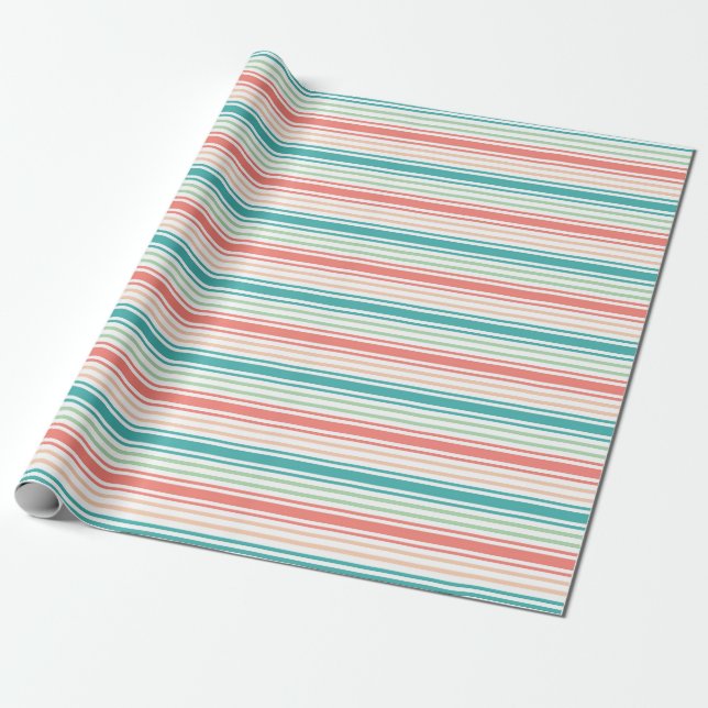  Elegant Striped Pattern: Teal, Coral, and White Wrapping Paper (Unrolled)