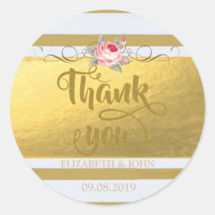 Elegant Striped,Rose Thank You  Wedding Sticker
