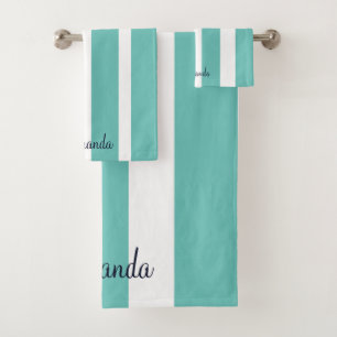 Elegant Striped Teal Monogrammed Bath Towel Set