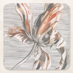 Elegant Striped Tulip Antique Flower Etching Square Paper Coaster