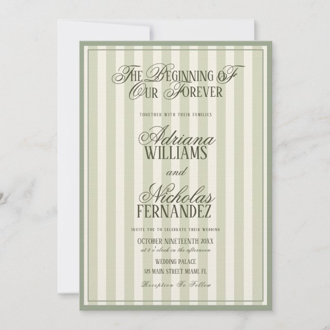 Elegant Striped Vintage Green Wedding Invitation (Front)