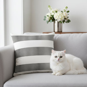 Elegant Striped White and Faux Metallic Silver Cushion