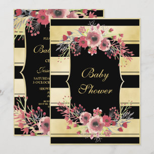 Elegant Stripes Floral Watercolor Baby Shower Invitation