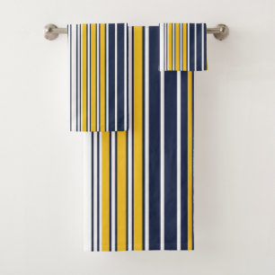 Elegant, stripes, navy blue, mustard yellow, white bath towel set