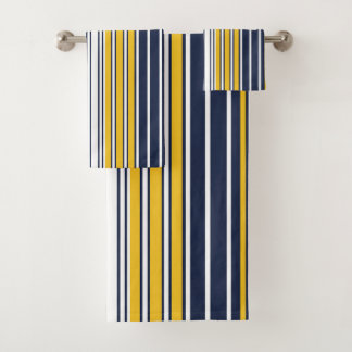 Elegant, stripes, navy blue, mustard yellow, white bath towel set