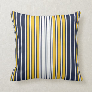 Elegant, stripes, navy blue, mustard yellow, white cushion