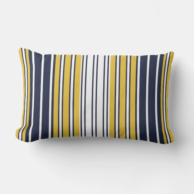 Elegant, stripes, navy blue, mustard yellow, white lumbar cushion (Front)