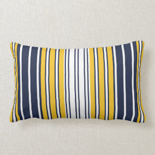 Elegant, stripes, navy blue, mustard yellow, white lumbar cushion
