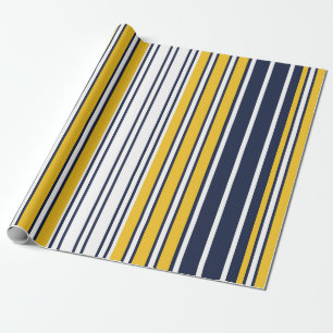 Elegant, stripes, navy blue, mustard yellow, white wrapping paper