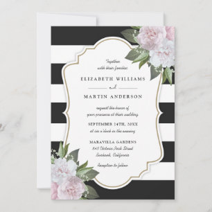 Elegant Stripes Pink Floral Wedding Invitations