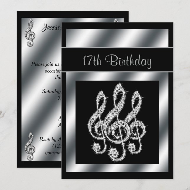 Elegant, Stunning Silver Treble Clefs 17th Invitation (Front/Back)