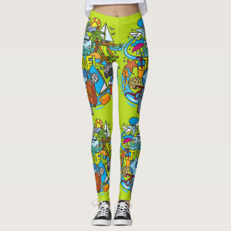 Elegant style cartoon drawing Travelling Neon Leggings