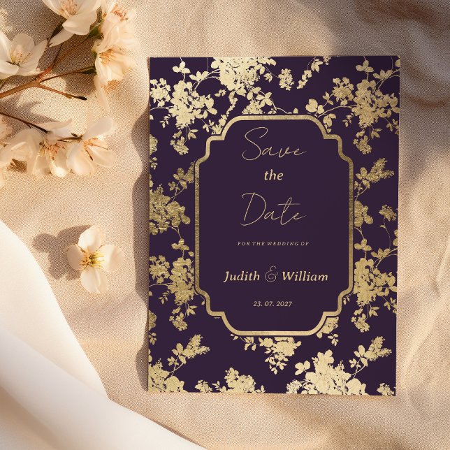Elegant Style Dark Purple Gold Flora Save the Date Invitation (Elegant Style Dark Purple Gold Flora Save the Date )