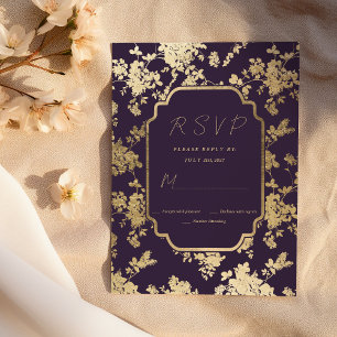 Elegant Style Dark Purple Gold Floral RSVP Invitation