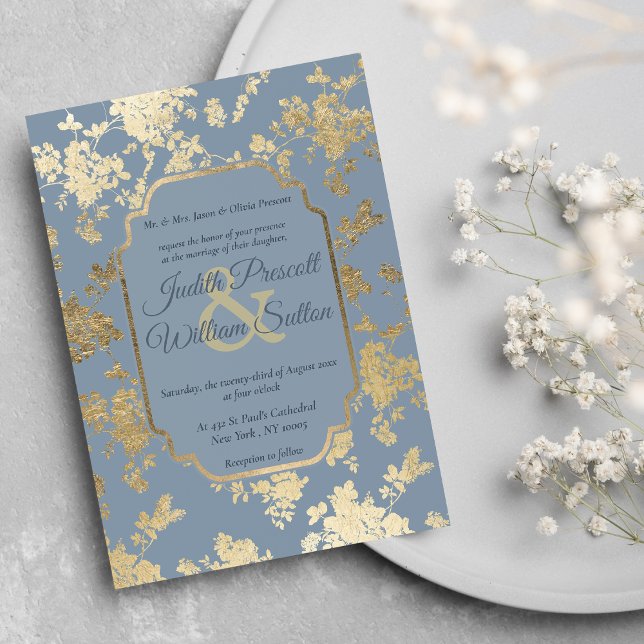 Elegant Style Dusty Blue Gold Floral Wedding Invitation (Elegant Style Dusty Blue Gold Floral Wedding )