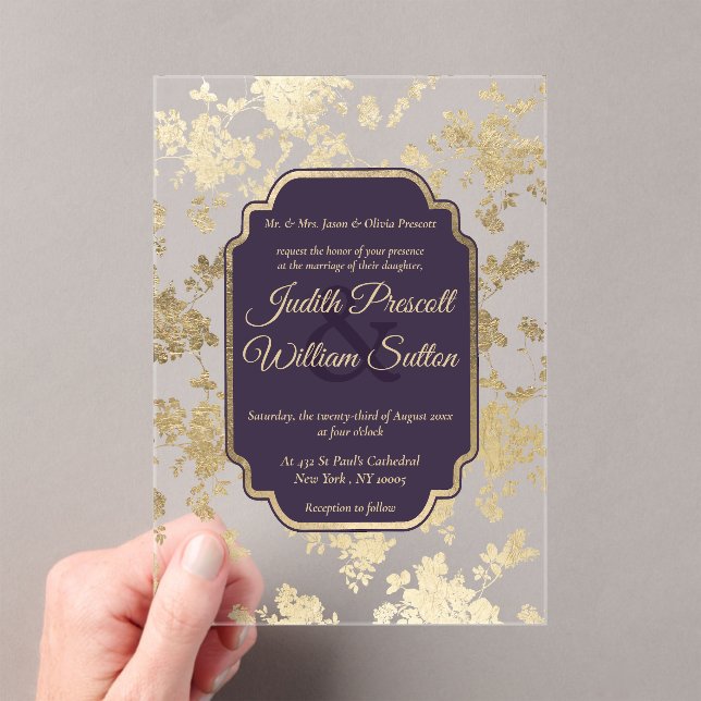 Elegant Style Tolopea Purple Gold Floral Wedding Acrylic Invitations (Insitu (Handheld))
