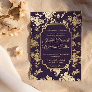 Elegant Style Tolopea Purple Gold Floral Wedding Invitation