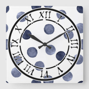 Elegant style, watercolor polka dot, blue and whit square wall clock
