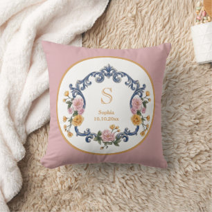 Elegant Style Wedding Blue Monogram and Floral Cushion