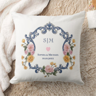 Elegant Style Wedding Blue Monogram and Floral Cushion