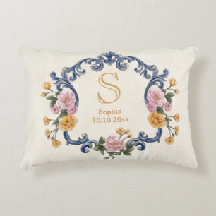 Elegant Style Wedding Blue Monogram and Floral Decorative Cushion