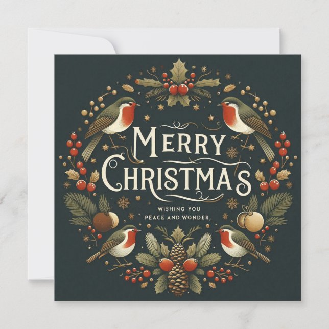 Elegant Stylised Robins Wreath Merry Christmas  Holiday Card (Front)