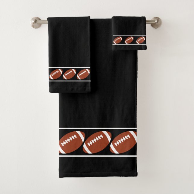 Elegant, Stylish American Football Icons on Black Bath Towel Set (Insitu)
