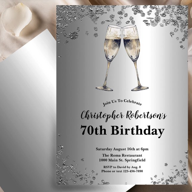 Elegant Stylish Black and Silver 70th Birthday  Invitation (Creator Uploaded)