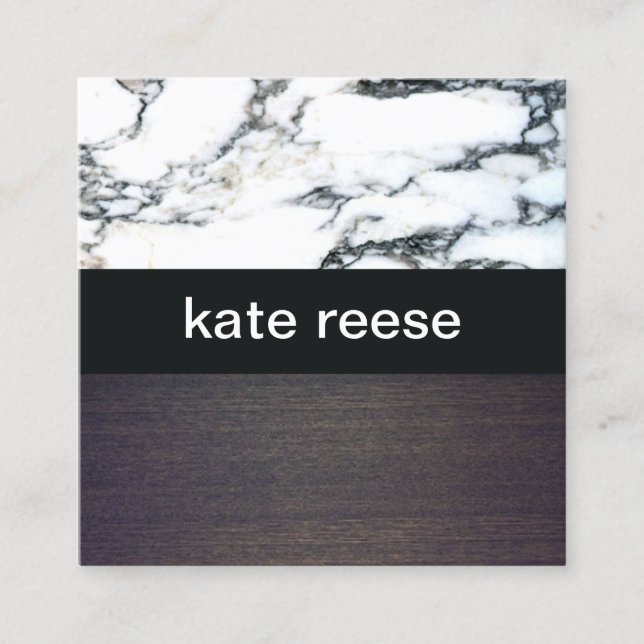 Elegant Stylish Black and White Marble Wood Square Business Card (Front)