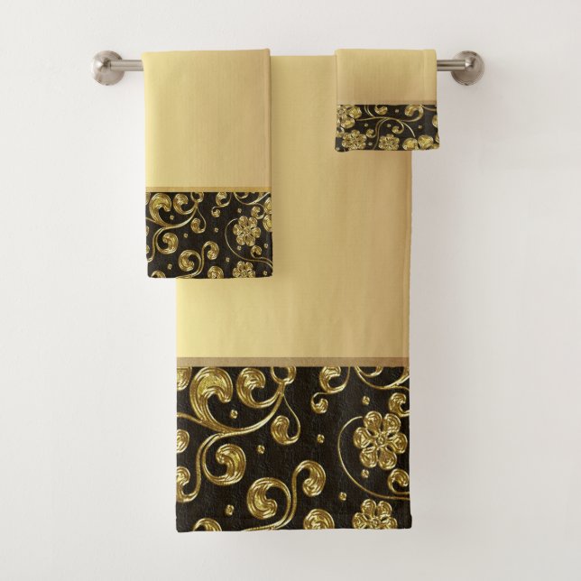Elegant Stylish  Black Gold Flowers Bath Towel Set (Insitu)