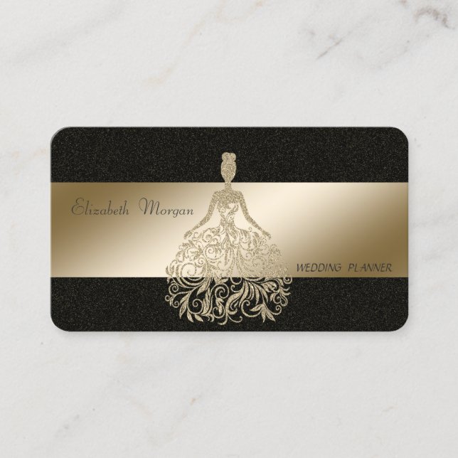 Elegant Stylish , Black, Gold Glitter Dress Business Card (Front)