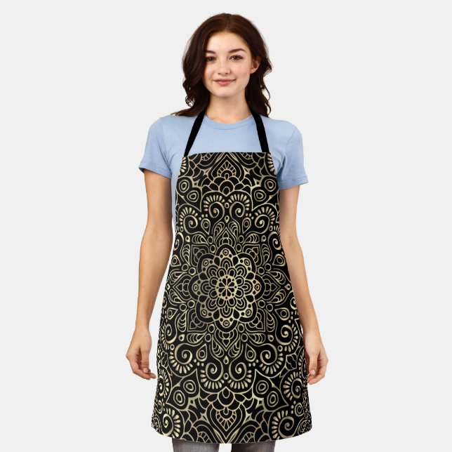 Elegant Stylish Black Gold Mandala  Apron (Worn)