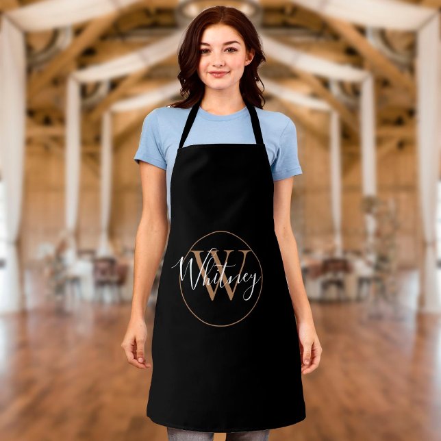 Elegant Stylish Black Gold Monogram Script Name Apron (Creator Uploaded)