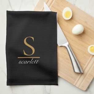 Elegant Stylish Black Gold Monogram Script Name Tea Towel