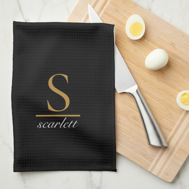 Elegant Stylish Black Gold Monogram Script Name Tea Towel (Creator Uploaded)