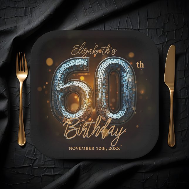 Elegant Stylish Black Gold Mosaic 60th Birthday Paper Plate (Creator Uploaded)
